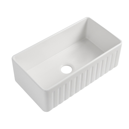 835mm Rectangle Gloss White Fireclay Farmhouse/Apron Single Sink with Bottom Grid & Basket Waste