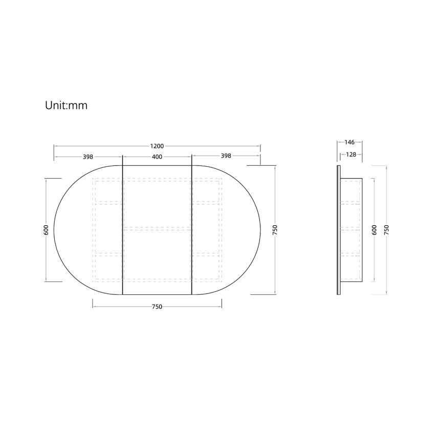 1200x750mm Oval Matte White Mirror Cabinet MDF 3/DR Shaving Cabinet