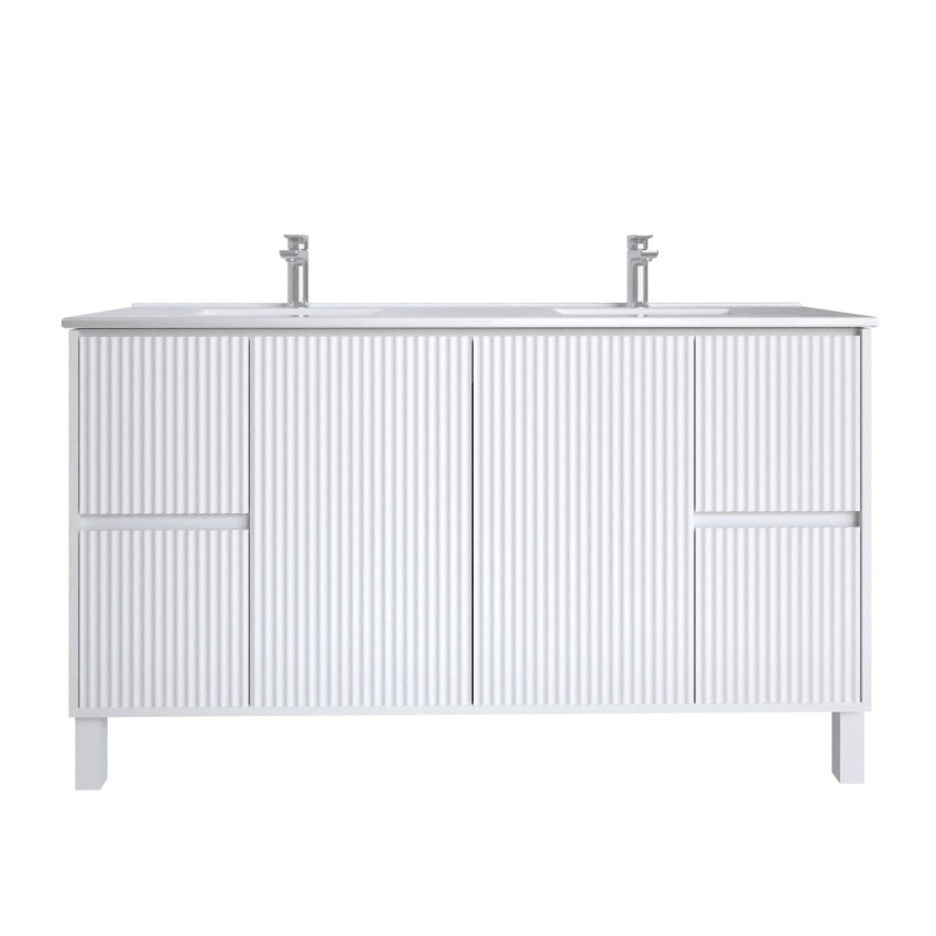 1500mm Brio Matte White 2PAC Coating PVC Freestanding Elegant Wave-Like Fluted Design Bathroom Vanity Cabinet Only