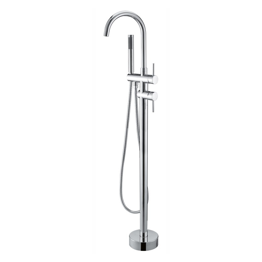 Round Chrome Freestanding Bath Mixer With Handheld Shower