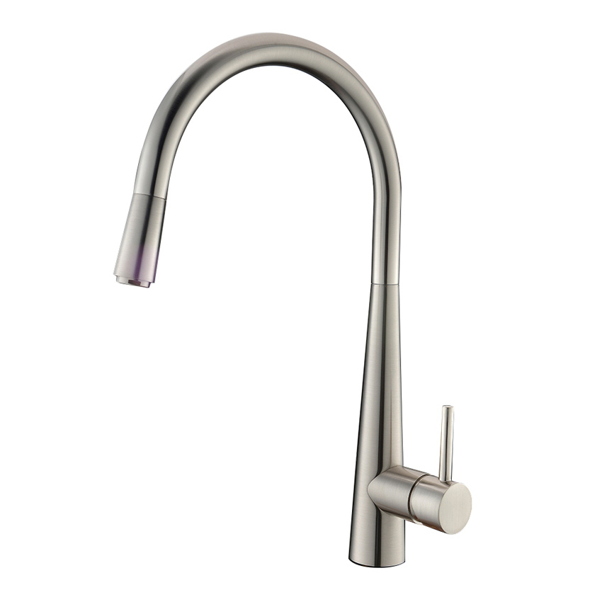 Round Brushed Nickel Pull Out Kitchen Sink Mixer Tap