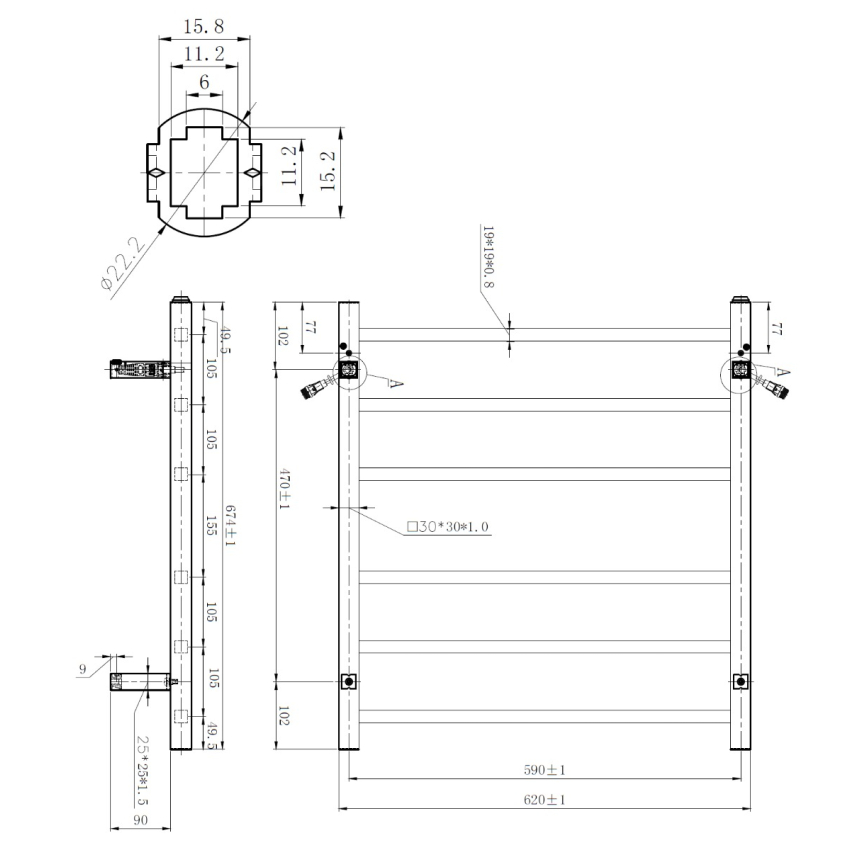 Chrome Square Electric Heated Towel Rack 6 Bars