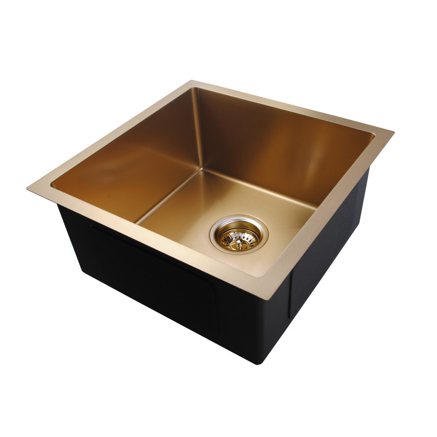 1.2mm Brushed Yellow Gold Stainless Steel Handmade Single Bowl Top/Undermount Kitchen/Laundry Sink 440*440*205mm