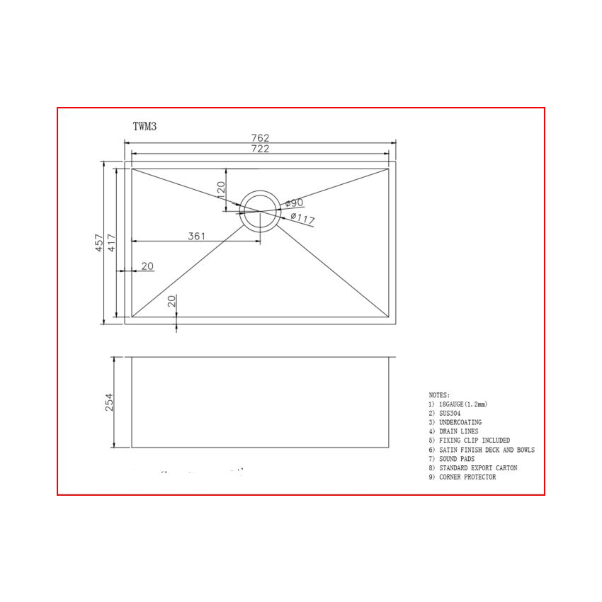 304 Stainless Steel Hand-made Single Bowl Kitchen Sink(Round Edges) 762*457*254mm