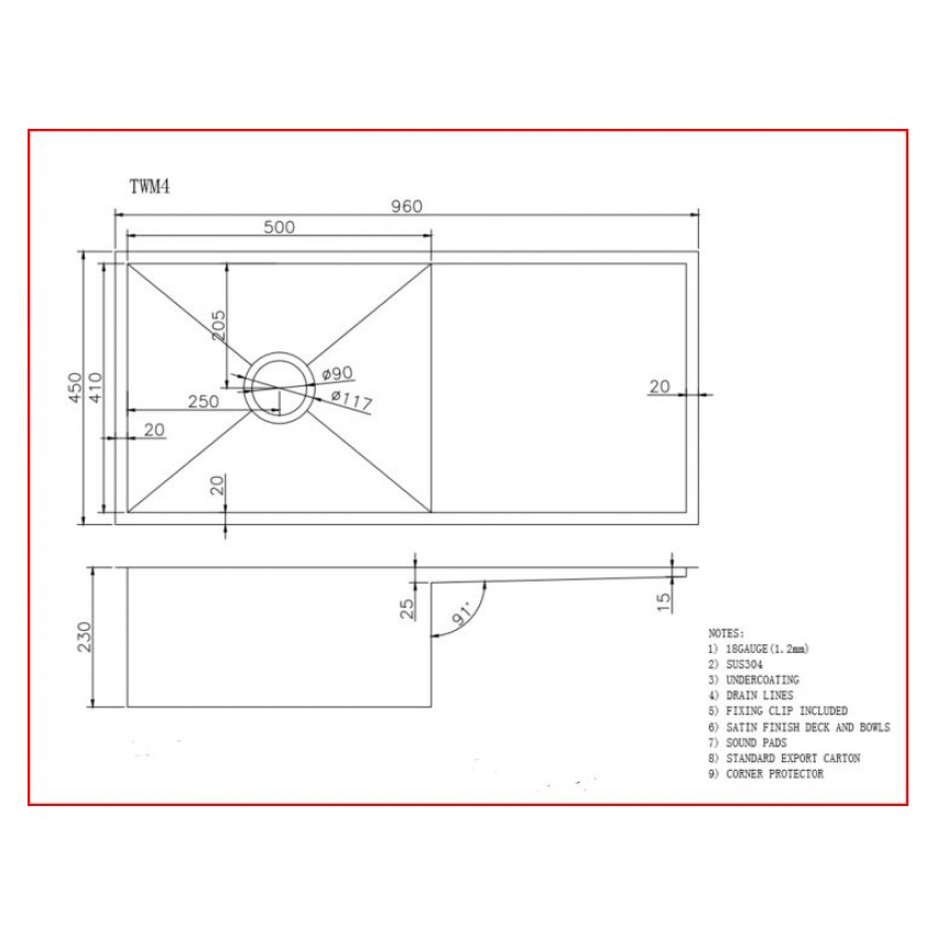 304 Stainless Steel Hand-made Single Bowl Kitchen Sink(Round Edges) 960*450*230mm