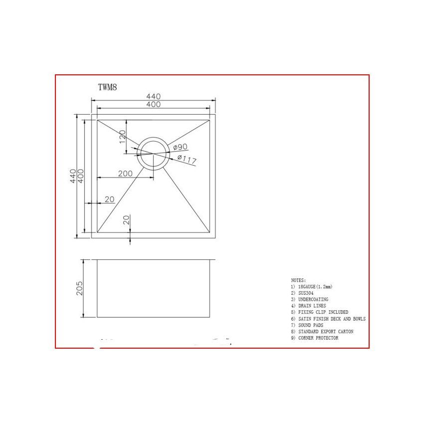 304 Stainless Steel Hand-made Single Bowl Kitchen Sink 440*440*205mm(R10 Corner)