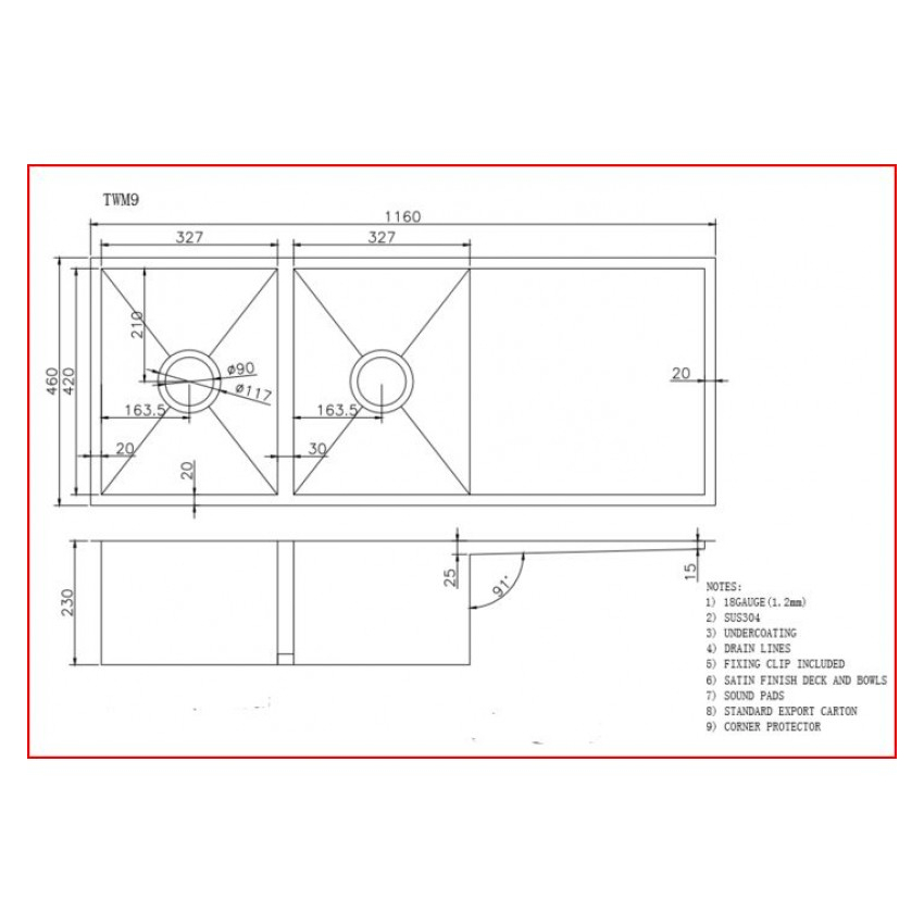 304 Stainless Steel Hand-made Double Bowl Kitchen Sink(Round Edges)1160*460*230mm(with Drainer)