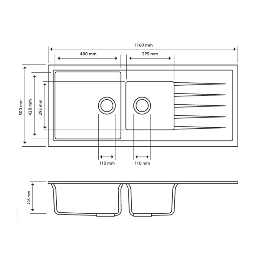 Carysil Vivaldi Concrete Grey 1 and 1/2 Bowl  Granite Kitchen Sink 1160*500mm