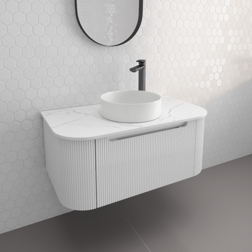 750mm Matte White 2PAC PVC 1/DW Curved Ribbed Design Wall Hung Cabinet Only 