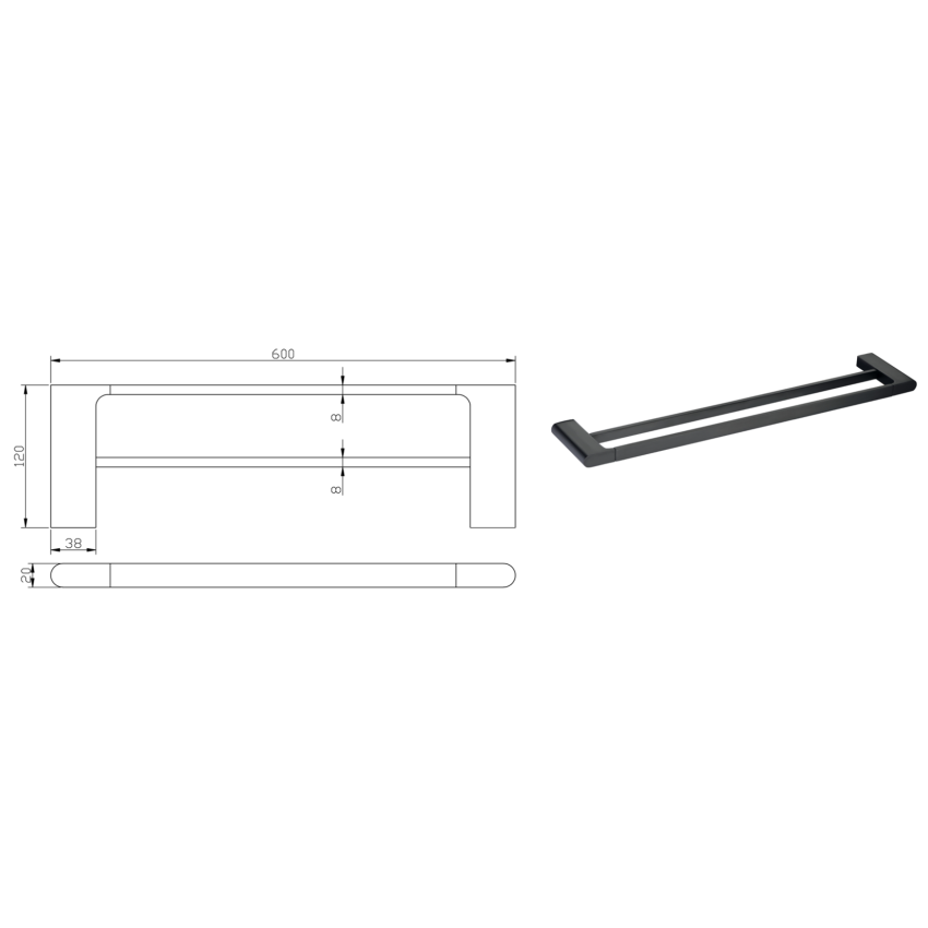 Cora Double Towel Rail 600 mm Matt Black