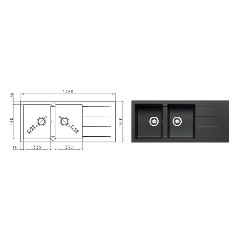Pyragranite Kitchen Sink Overall Size 116x50cm Bowl Size 335 x 420mm x 2