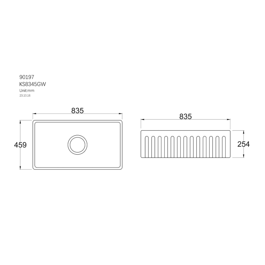 835mm Rectangle Gloss White Fireclay Farmhouse/Apron Single Sink with Bottom Grid & Basket Waste