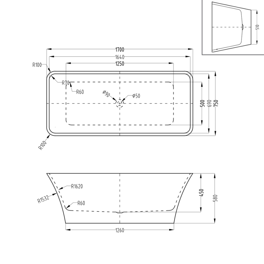 1700mm Rectangle Gloss White Acrylic Free Standing Bathtub No Overflow