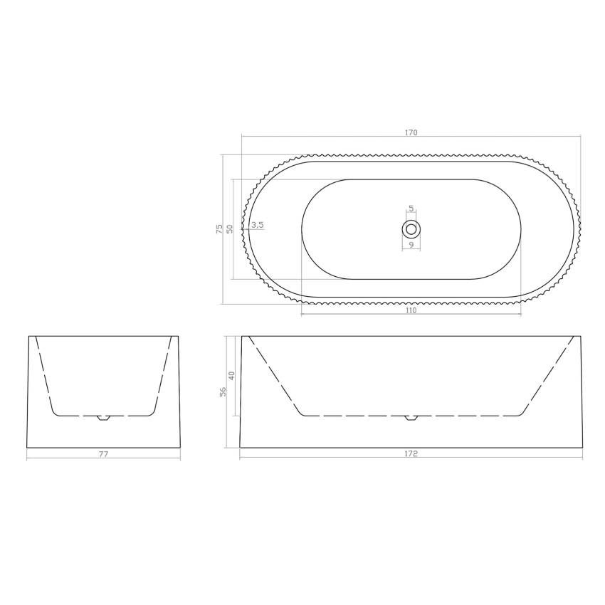 1700mm Kiama Grooved Gloss White Fluted Freestanding Bathtub 