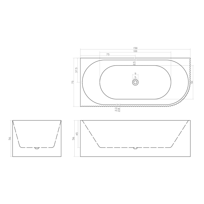 1500mm Kiama Grooved Gloss White Left Corner Fit Fluted Bathtub 