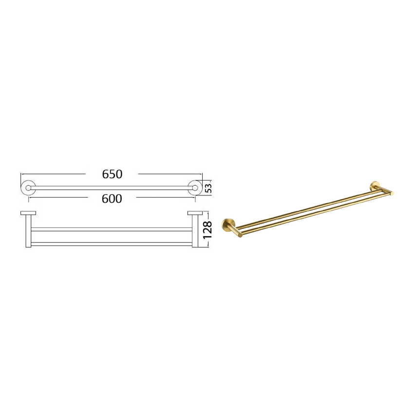 Otus Round Double Towel Rail 600mm Brushed Gold