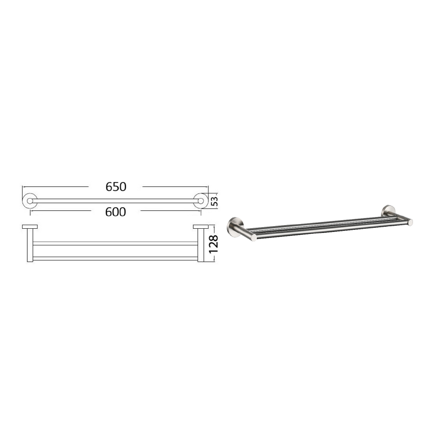 Otus Round Double Towel Rail 600mm Brushed Nickel