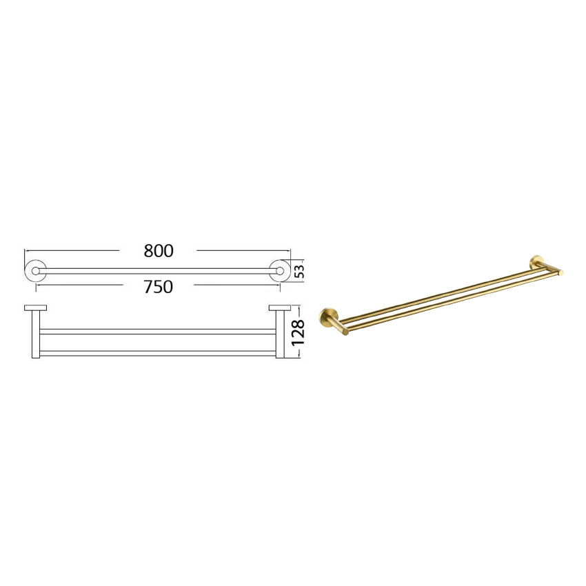 Otus Round Double Towel Rail 750mm Brushed Gold