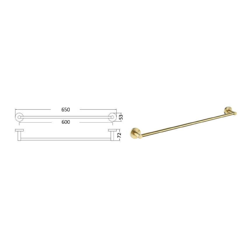 Otus Round Single Towel Rail 600mm Brushed Gold