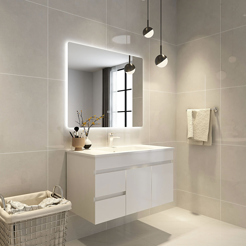 900mm Curved Rim Rectangle 3 Color Backlit Bathroom LED Mirror(Touchless Sensor Switch)