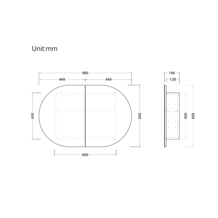 900x600mm Oval Matte White Mirror Cabinet MDF 2/DR Shaving Cabinet