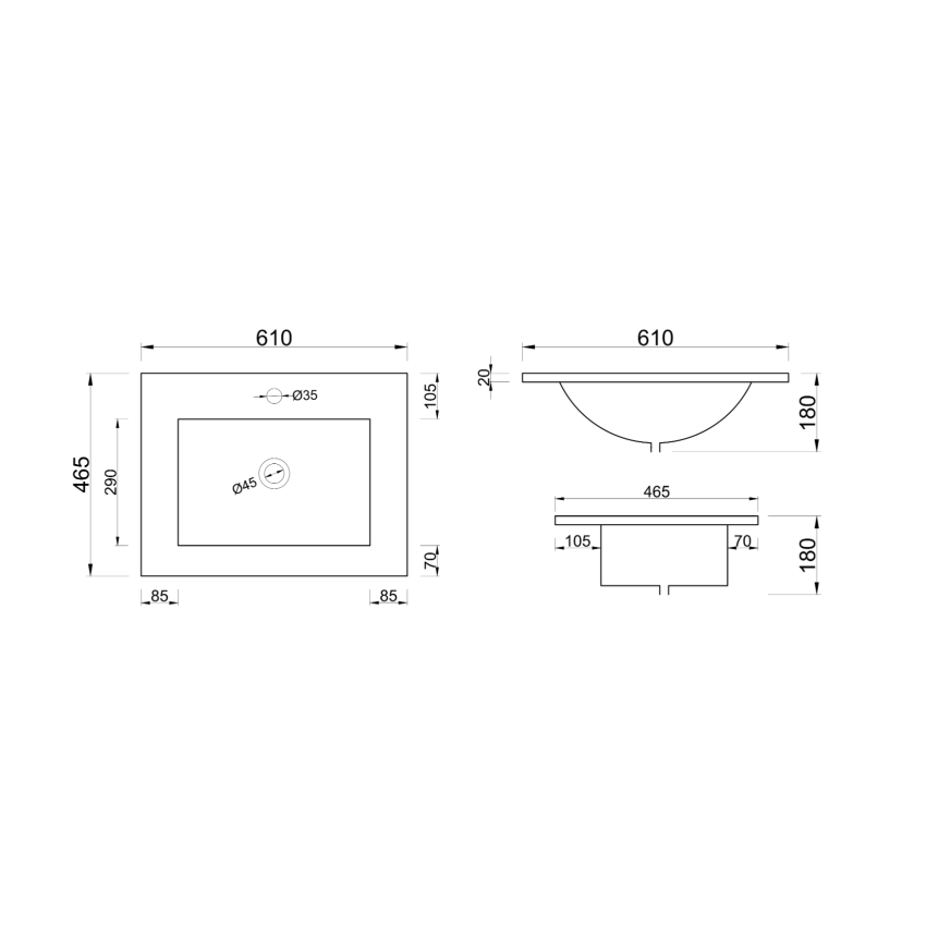 600mm Gloss White Ceramic Vanity Top