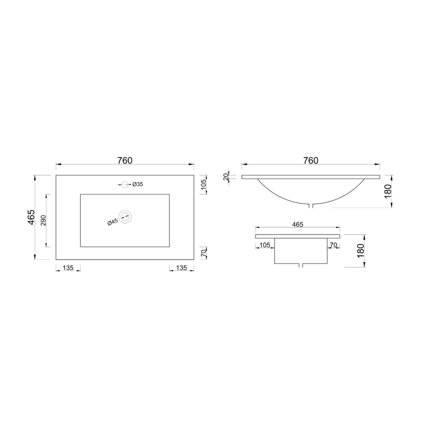 750mm Gloss White Ceramic Vanity Top