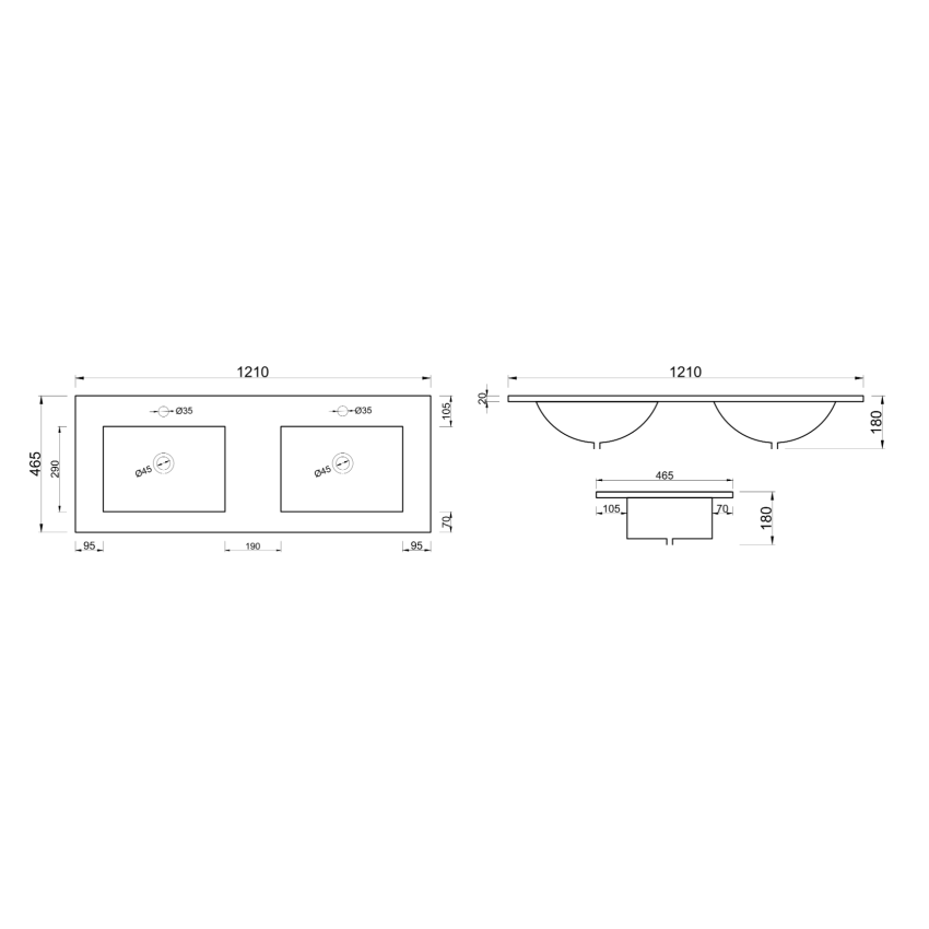 1200mm Gloss White Ceramic Vanity Top Double Basins