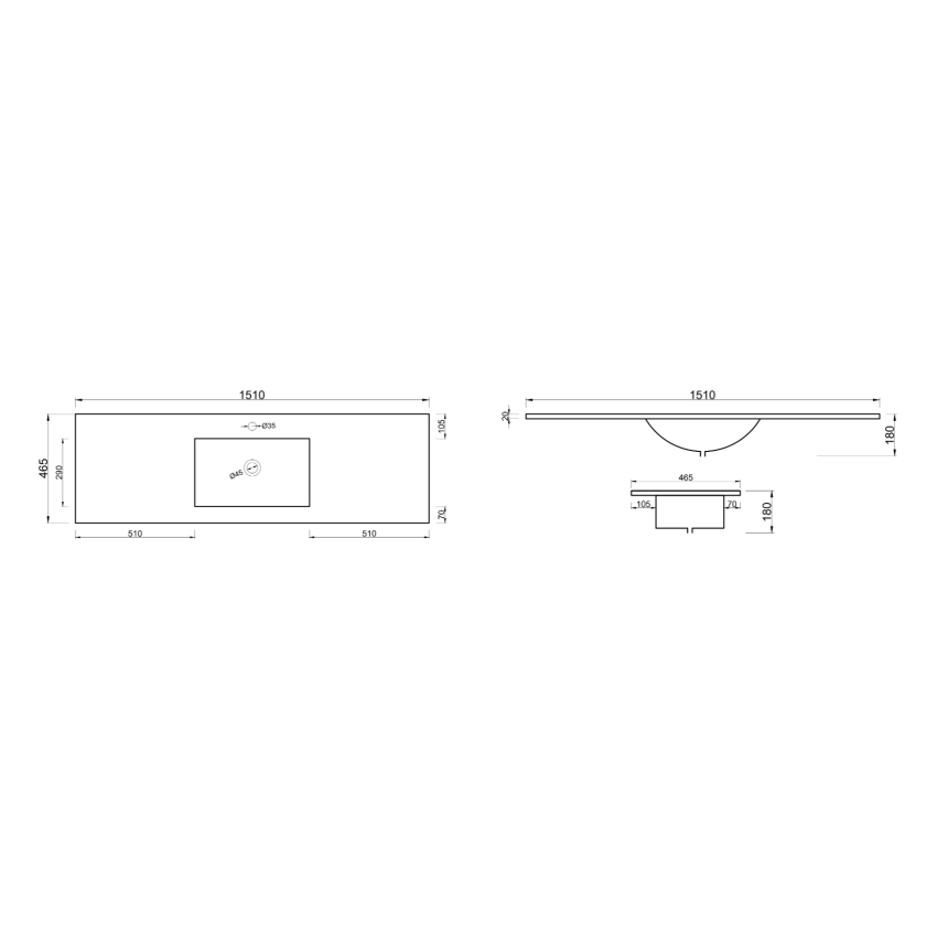 1500mm Gloss White Ceramic Vanity Top