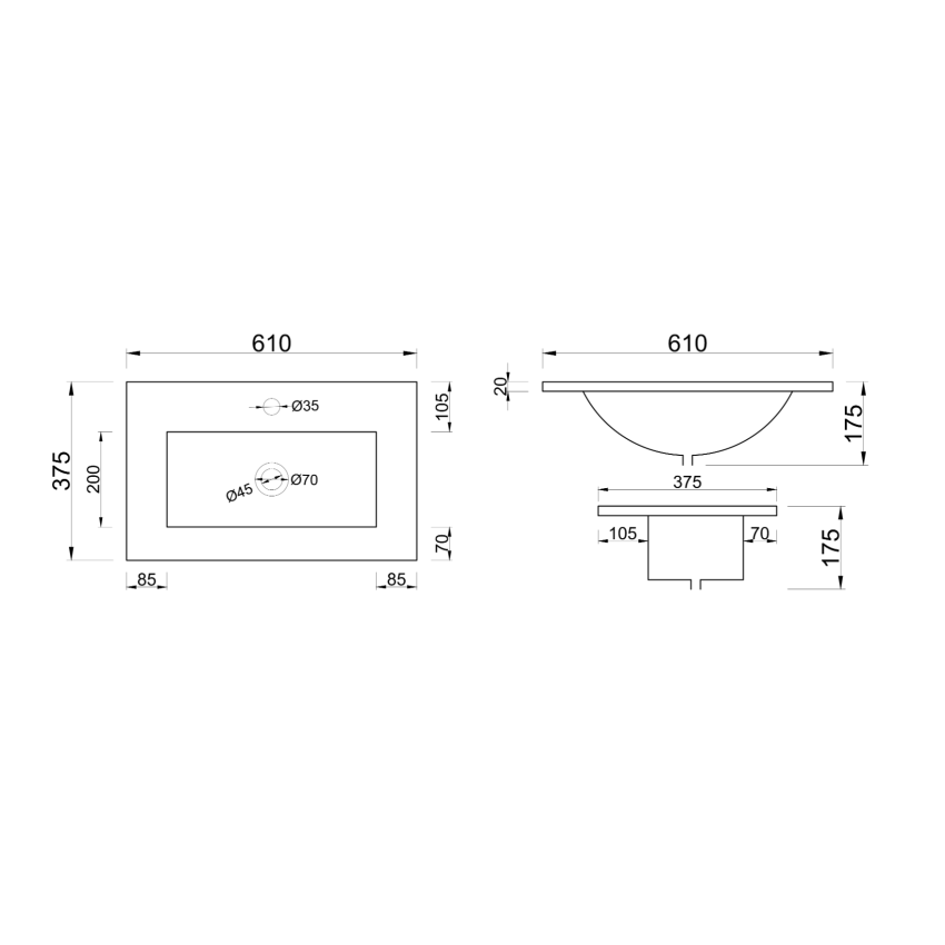 600mm Narrow Gloss White Ceramic Vanity Top