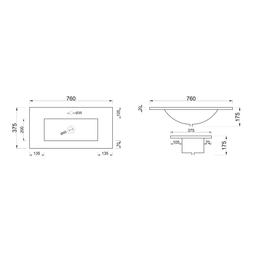 750mm Narrow Gloss White Ceramic Vanity Top