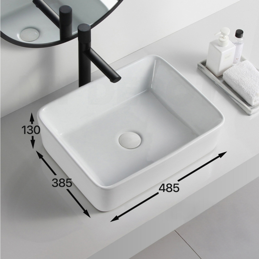 485mm Rectangle Gloss White Ceramic Above Counter Basin Non-overflow
