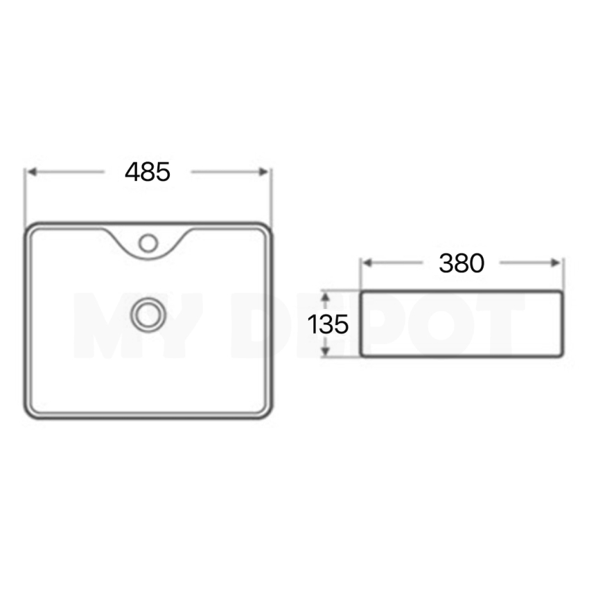 485mm Rectangle Gloss White Ceramic Above Counter Basin With Tap Hole Non-overflow 