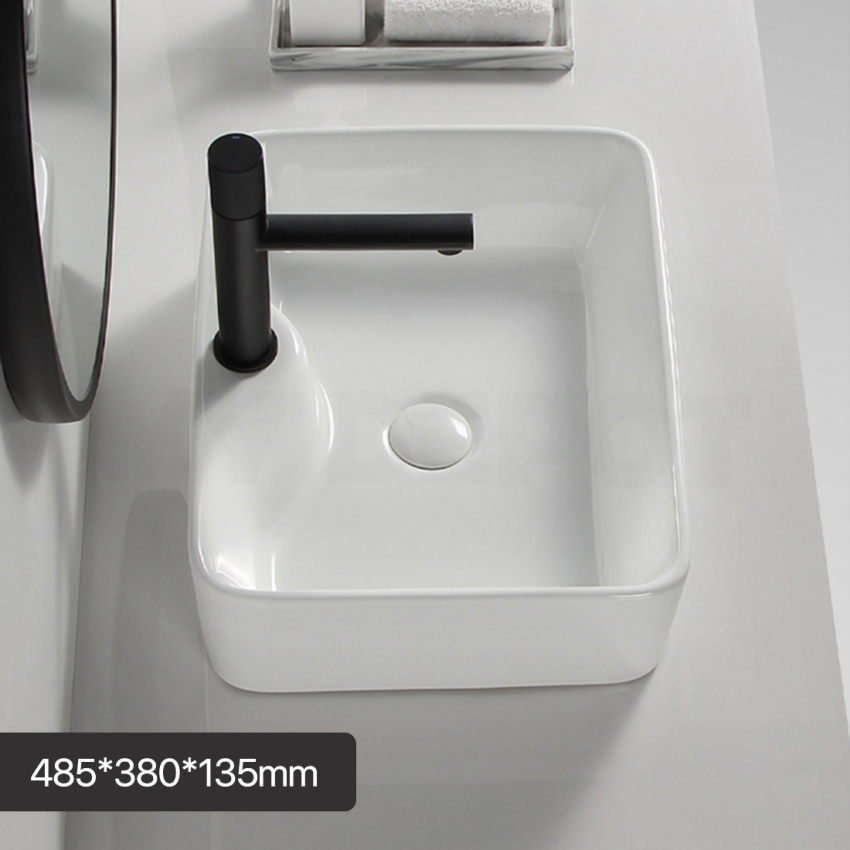 485mm Rectangle Gloss White Ceramic Above Counter Basin With Tap Hole Non-overflow 