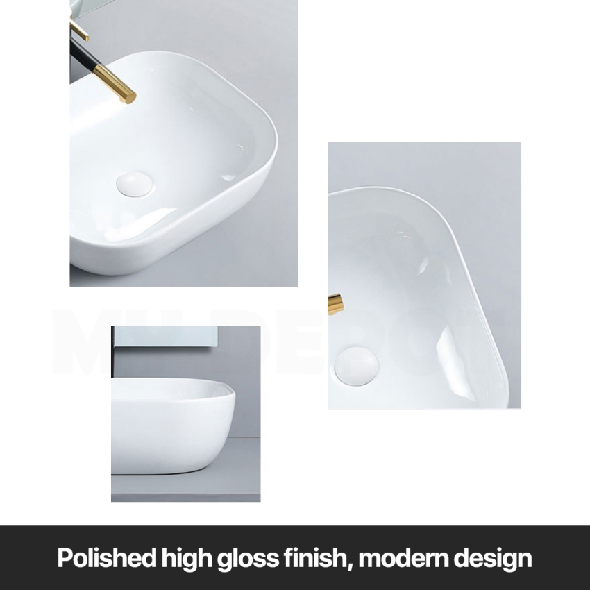 500mm Rectangle Gloss White Ceramic Above Counter Basin Non-overflow