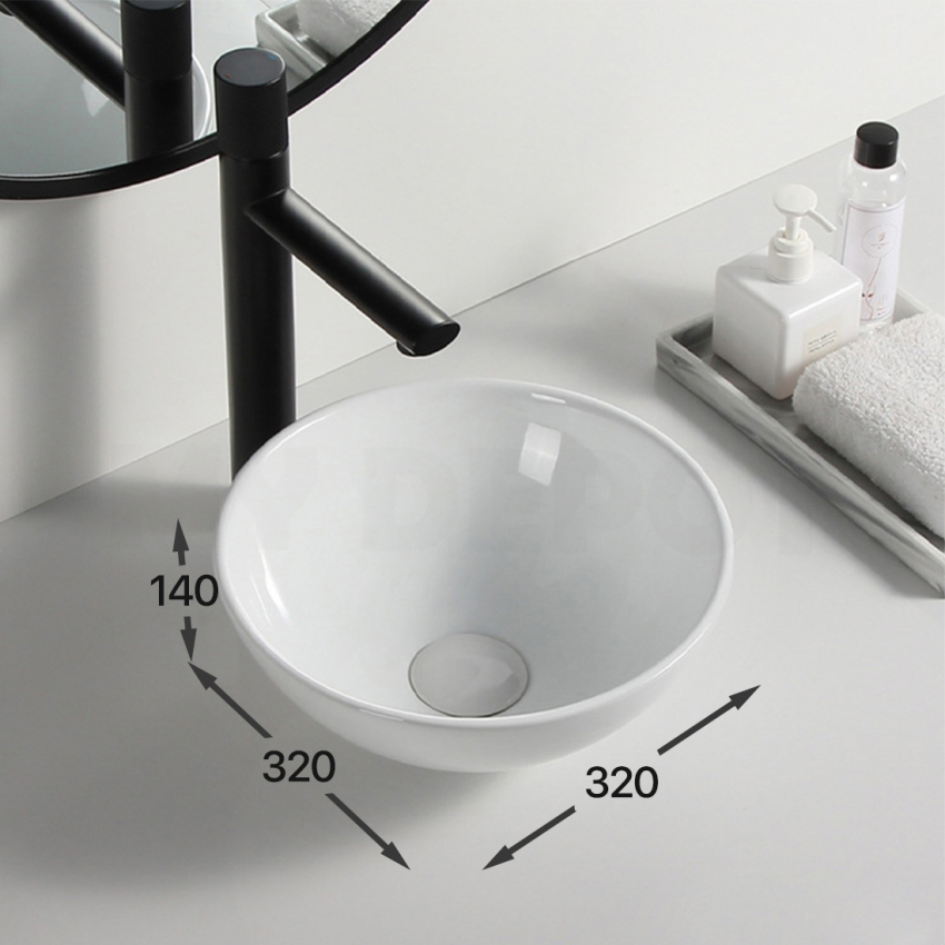320mm Round Above Counter Basin Ultra Slim Gloss White Ceramic Basin