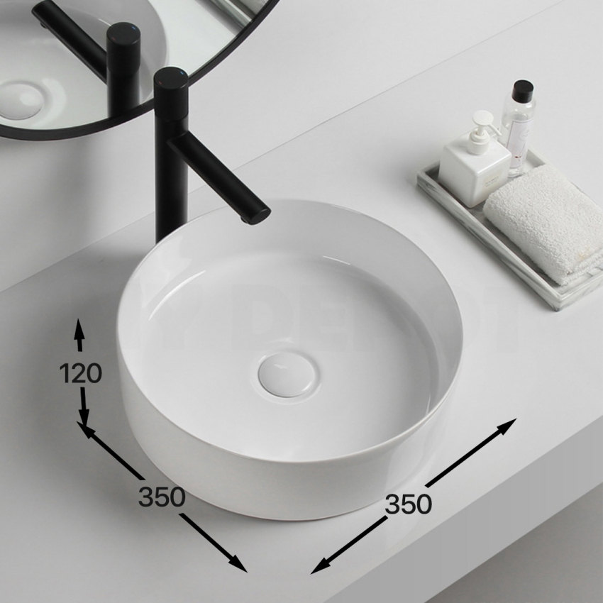 350mm Round Gloss White Ceramic Above Counter Basin Non-overflow