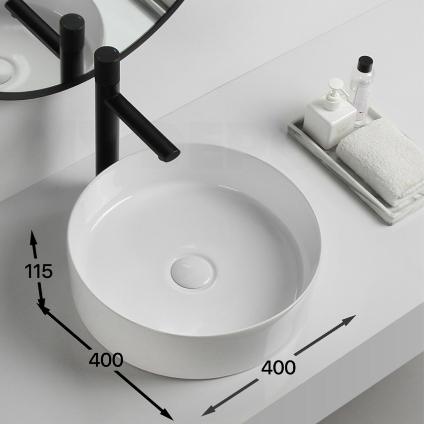 400mm Round Gloss White Ceramic Above Counter Basin Non-overflow
