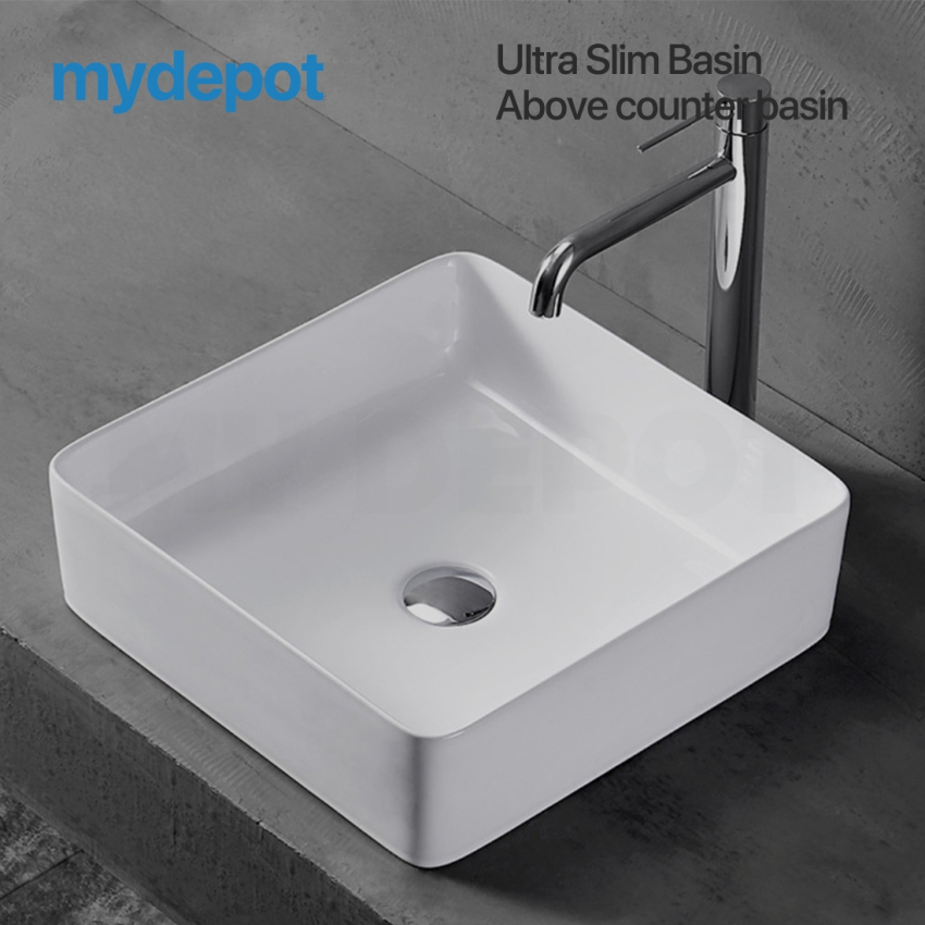 410mm Square Above Counter Basin Gloss White Ultra Slim Fine Ceramic Basin