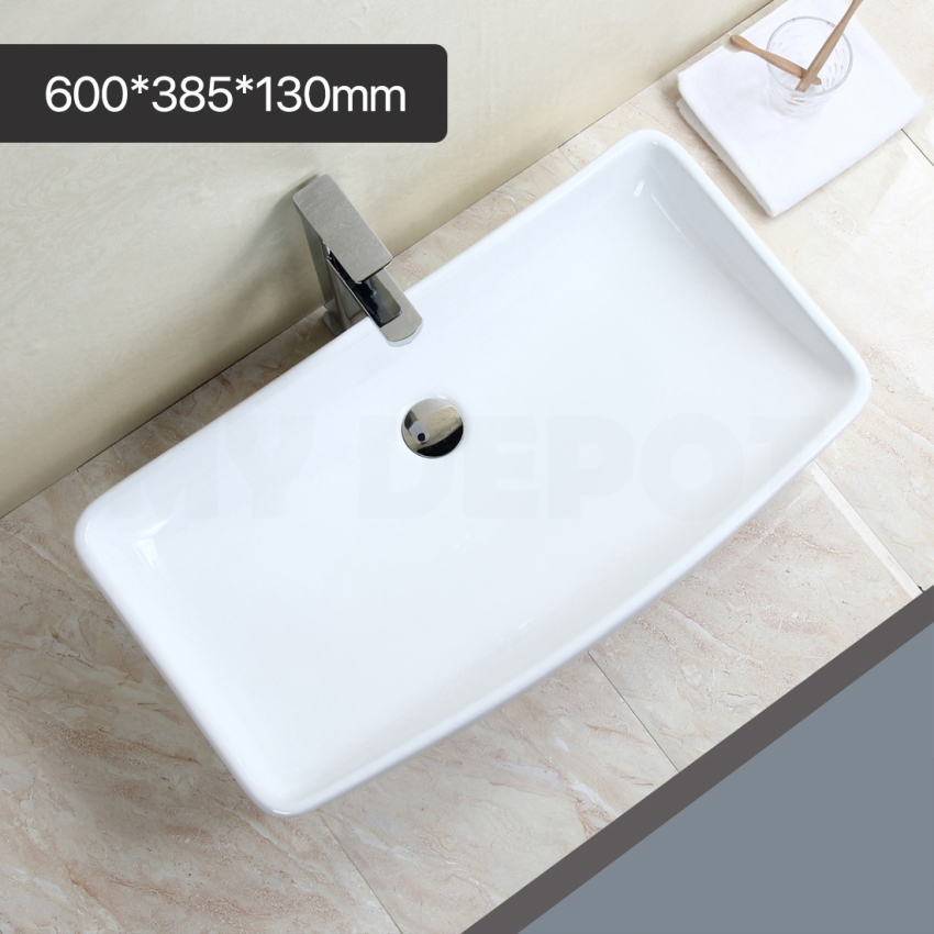600mm Rectangle Gloss White Ceramic Above Counter Basin Non-overflow