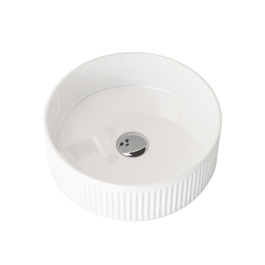 400mm Round Fluted Goss White Ceramic Basin Ribbed Art Basin Above Counter Basin