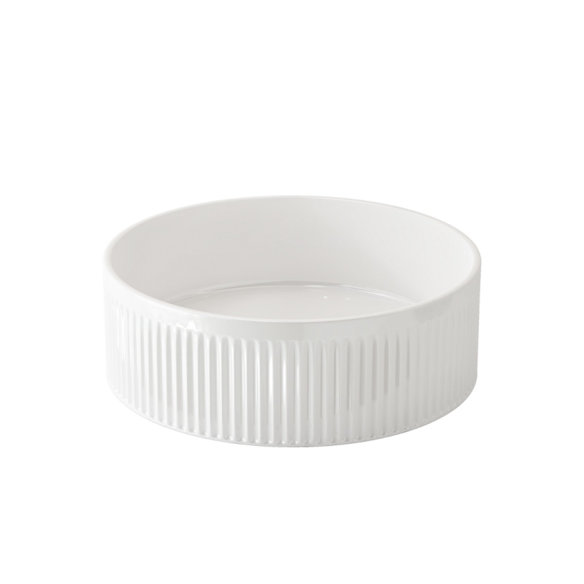 400mm Round Fluted Goss White Ceramic Basin Ribbed Art Basin Above Counter Basin