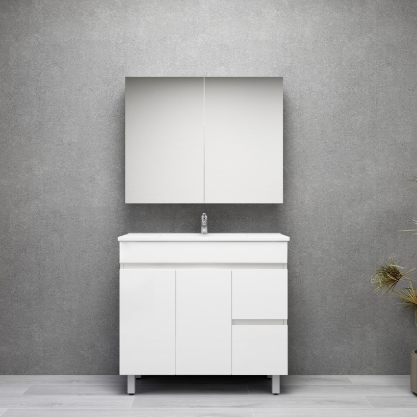 900MM Narrow Gloss White MDF Bathroom Vanity Right Drawers Free standing Cabinet Only