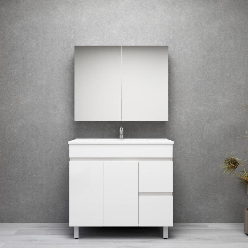 900MM Gloss White MDF Bathroom Vanity Right Drawers Free standing Cabinet Only