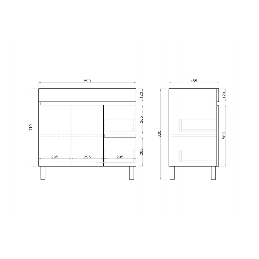 900MM Gloss White MDF Bathroom Vanity Right Drawers Free standing Cabinet Only