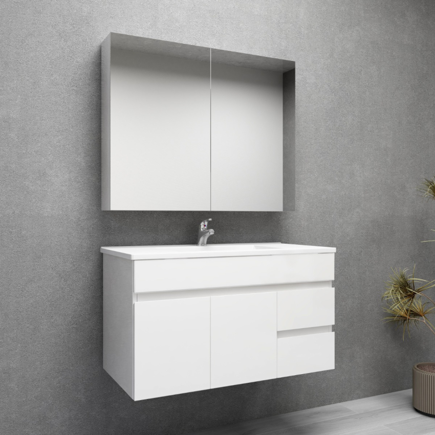 900MM Gloss White MDF Bathroom Vanity Right Drawers Wall Hung Cabinet Only