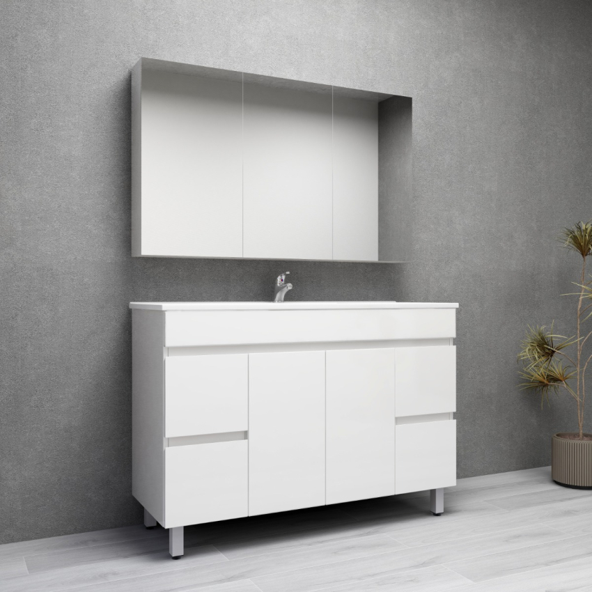 1200MM Gloss White MDF Bathroom Vanity 4 Side Drawers 2 Middle Doors Free standing Cabinet Only