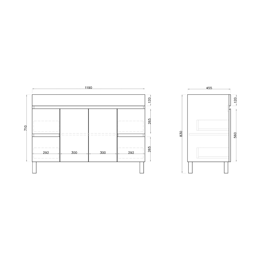 1200MM Gloss White MDF Bathroom Vanity 4 Side Drawers 2 Middle Doors Free standing Cabinet Only
