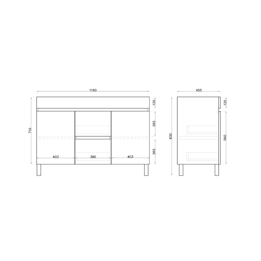 1200MM Gloss White MDF Bathroom Vanity 2 Middle Drawers 2 Side Doors Free standing Cabinet Only