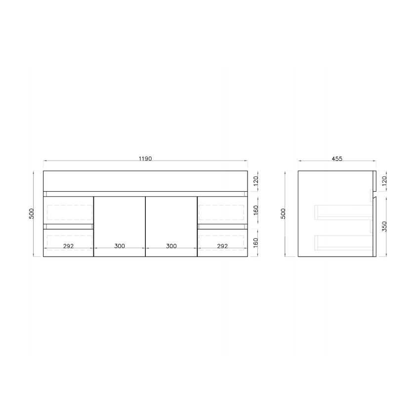 1200MM Gloss White MDF Bathroom Vanity 2 Middle Doors 4 Side Drawers Wall Hung Cabinet Only